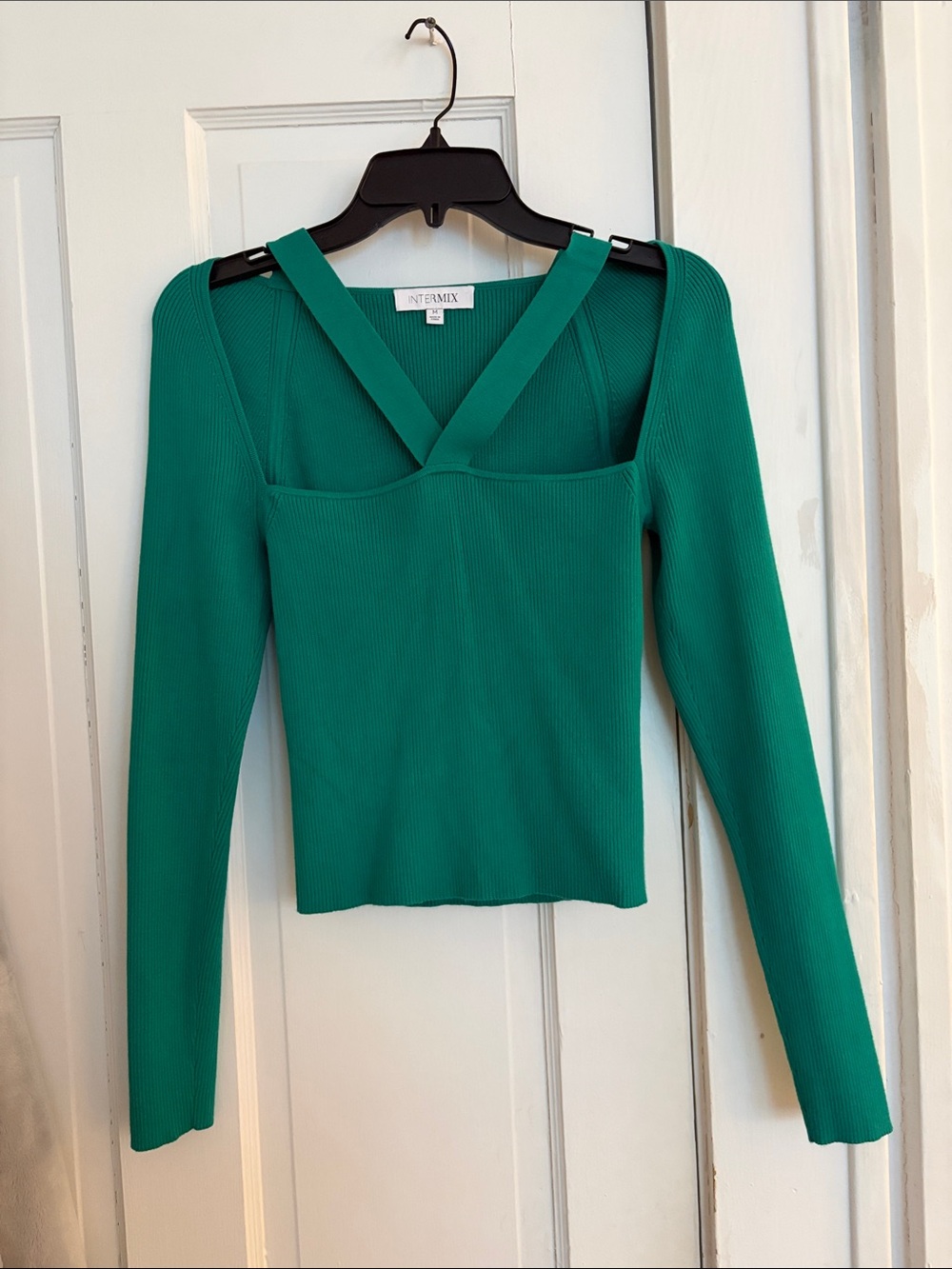 INTERMIX Teal-Green Ribbed Long Sleeve Square Neck Top with Cross Straps